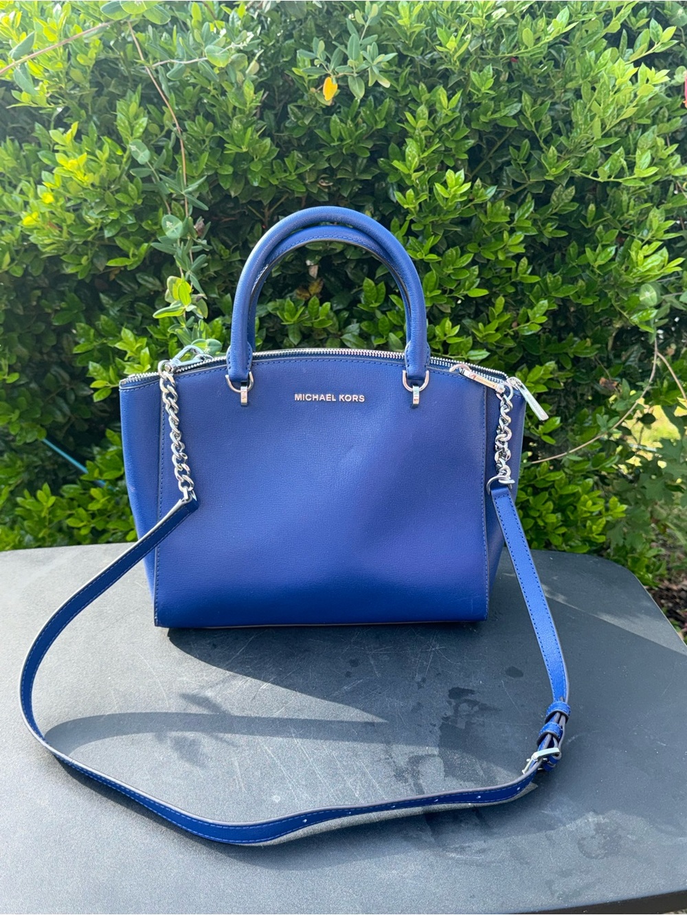 Michael Kors Cobalt Blue Leather Satchel with Chain-Trim Strap - Picture 2 of 12